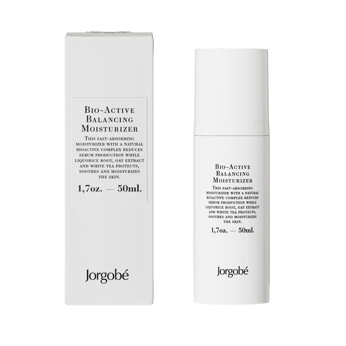 Weiße Verpackung und Flasche mit 'Bio-Active Balancing Moisturizer' und 'Jorgobé'.
