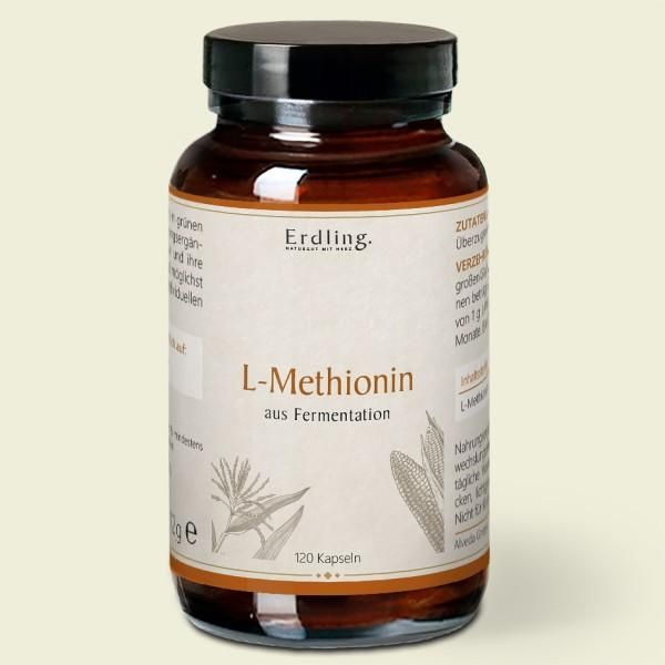Braune Glasflasche mit schwarzem Deckel. Etikett mit "Erdling" und "L-Methionin aus Fermentation". 120 Kapseln.
