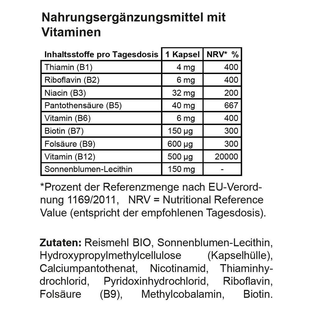 Nährwerttabelle mit Vitaminen. Enthält Informationen zu Inhaltsstoffen, Dosierung pro Kapsel und Nährstoffbezugswert (NRV).