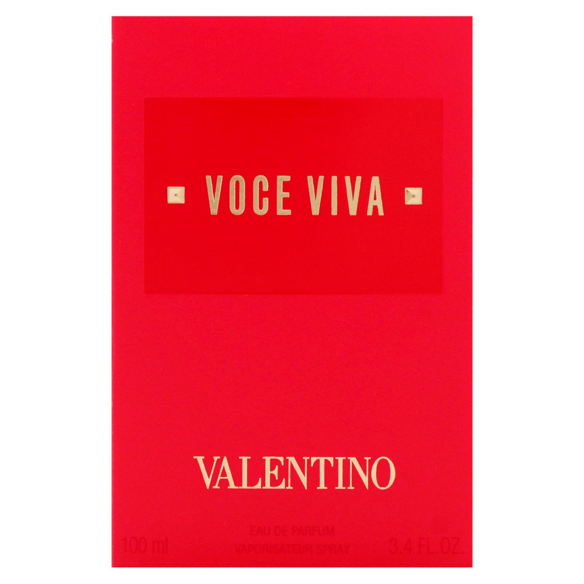 Rote Verpackung mit "VOICE VIVA" und "VALENTINO" Schriftzug. Unten steht "EAU DE PARFUM".