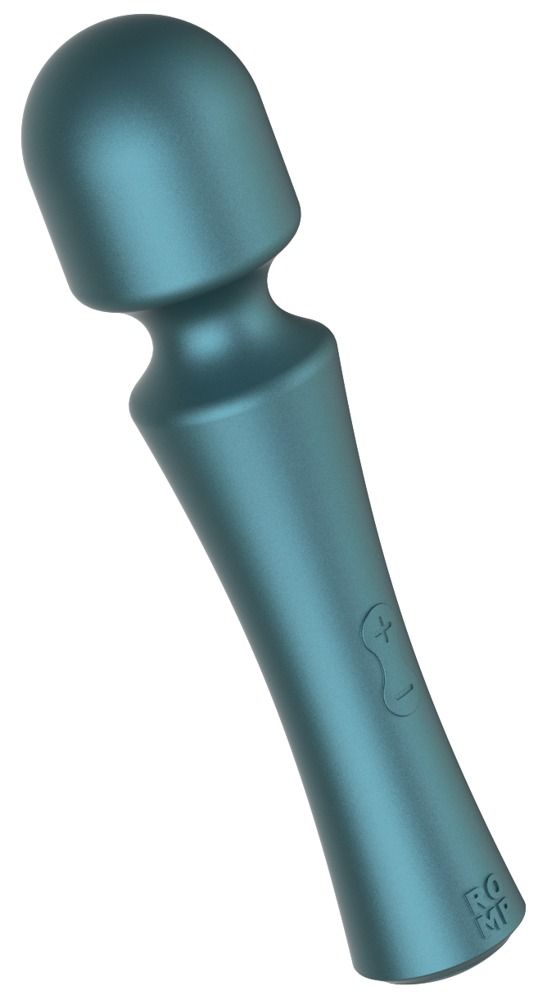 Blaugrüner Vibrator mit abgerundetem Kopf und Griff. Plus- und Minus-Symbole. ROMP-Logo.