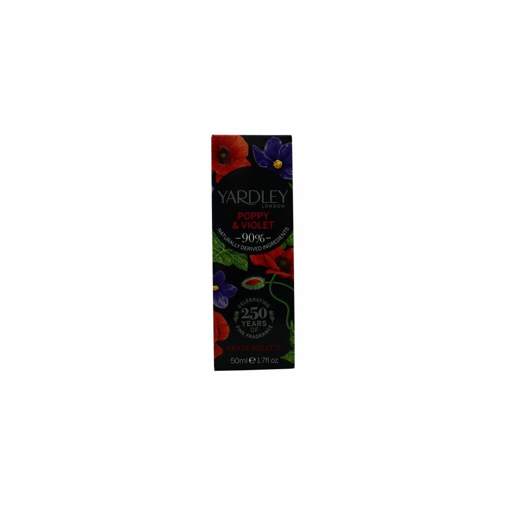 Schwarze Verpackung mit Blumenmuster. Text: Yardley London, Poppy & Violet, -90% natürlich gewonnene Inhaltsstoffe. 250 Jahre.