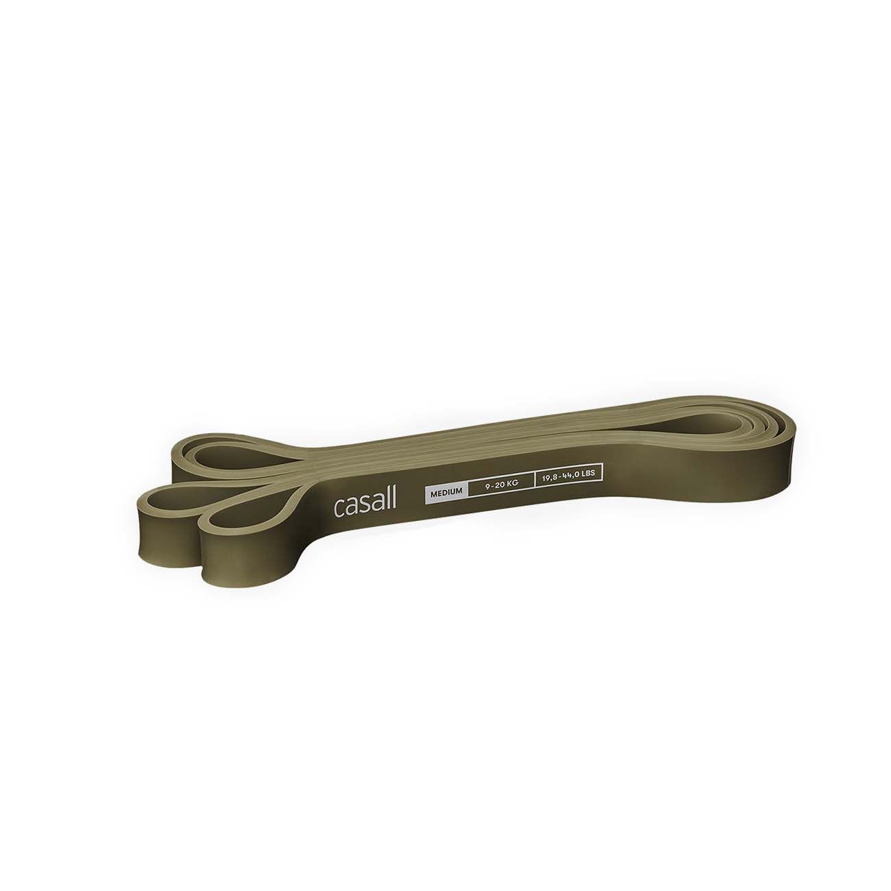 Fitnessband, mittelgrün. Aufschrift 'casall'. Widerstand: 8-20 kg. Band aus Gummi, gefaltet.