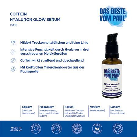 Produktflasche und Infografik. Flasche: braunes Glas, schwarzer Pumpkopf. Infografik: Text, Icons, Produktinformationen.