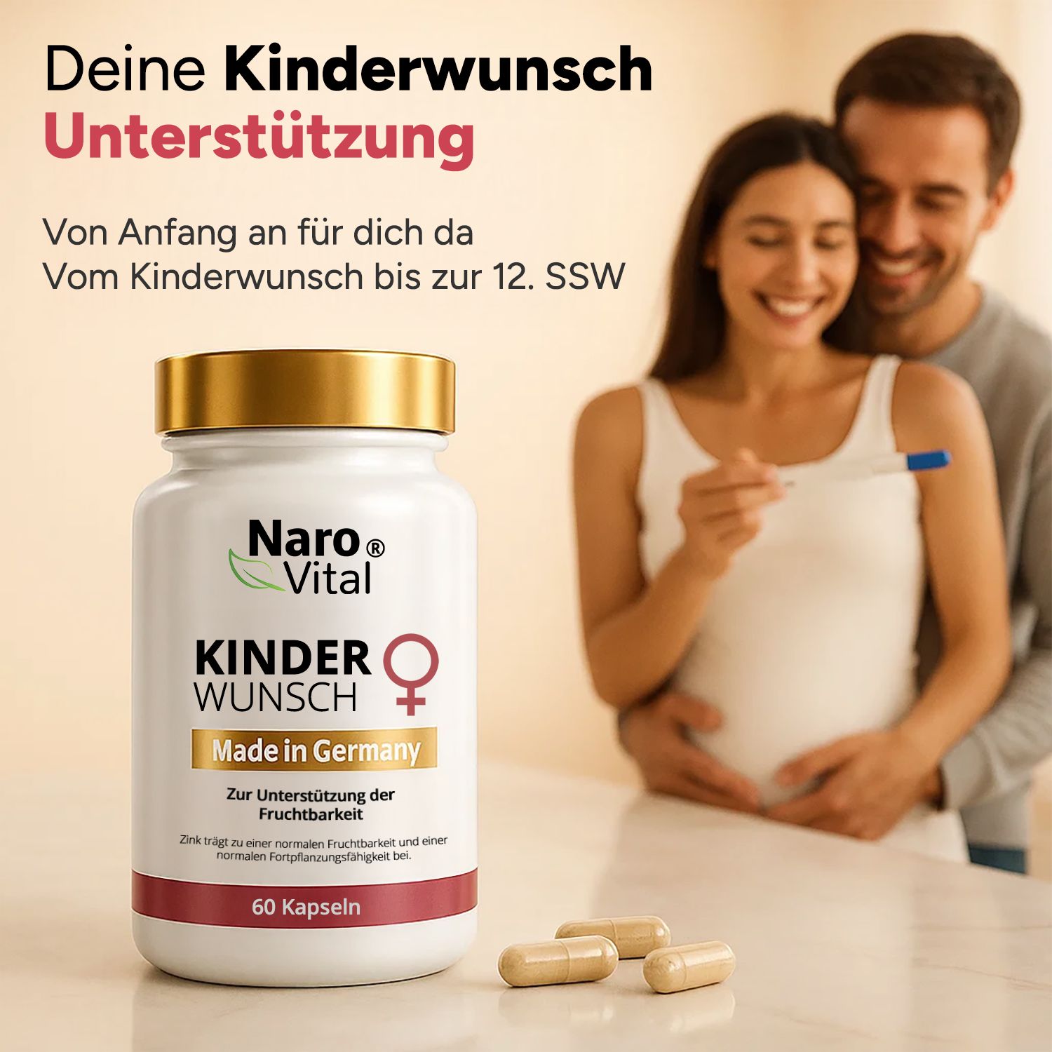 Weiße Flasche mit goldfarbenem Deckel. Kinderwunsch, Made in Germany. 60 Kapseln. Paar mit Schwangerschaftstest.