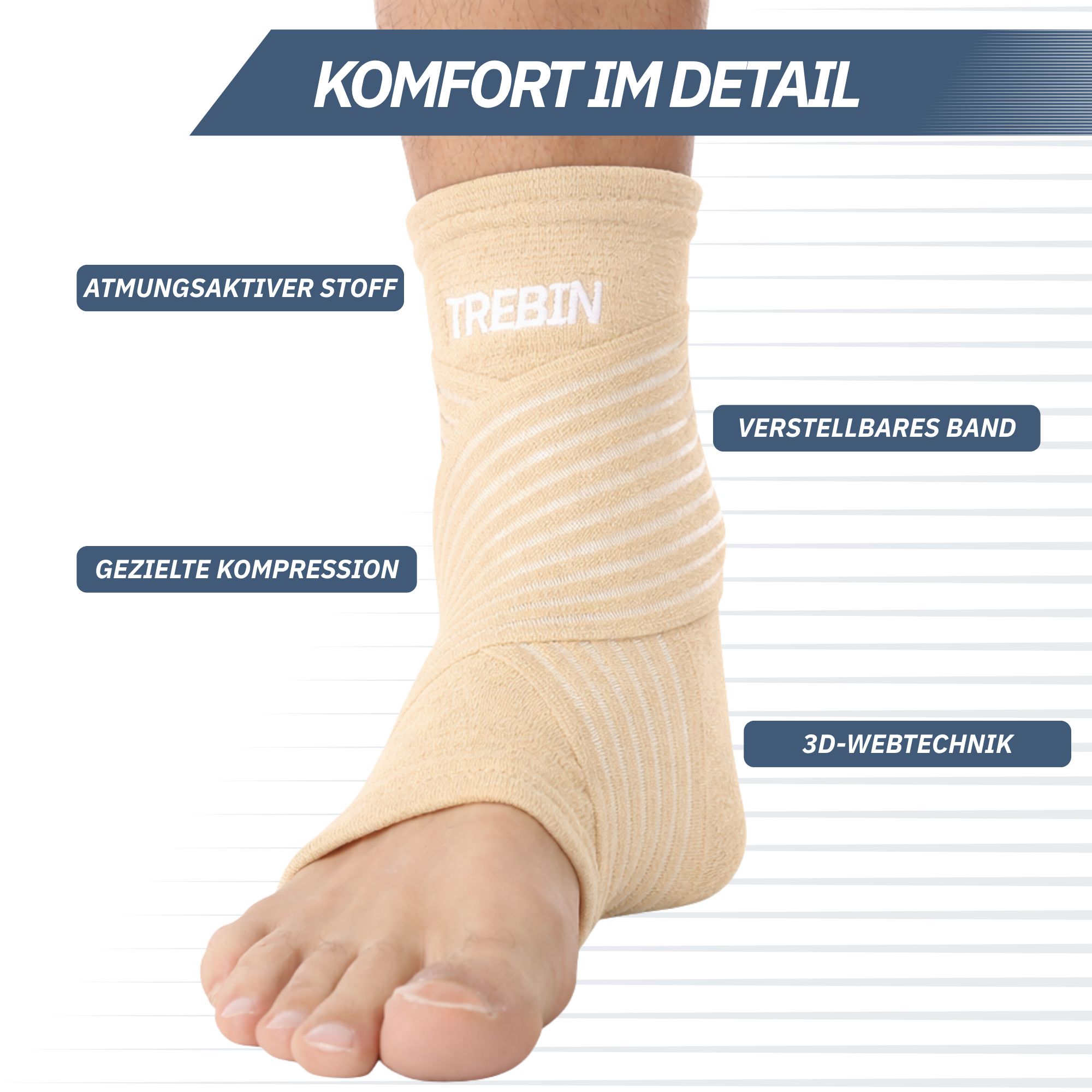 Beige Knöchelbandage mit atmungsaktivem Stoff, gezielter Kompression und verstellbarem Band.