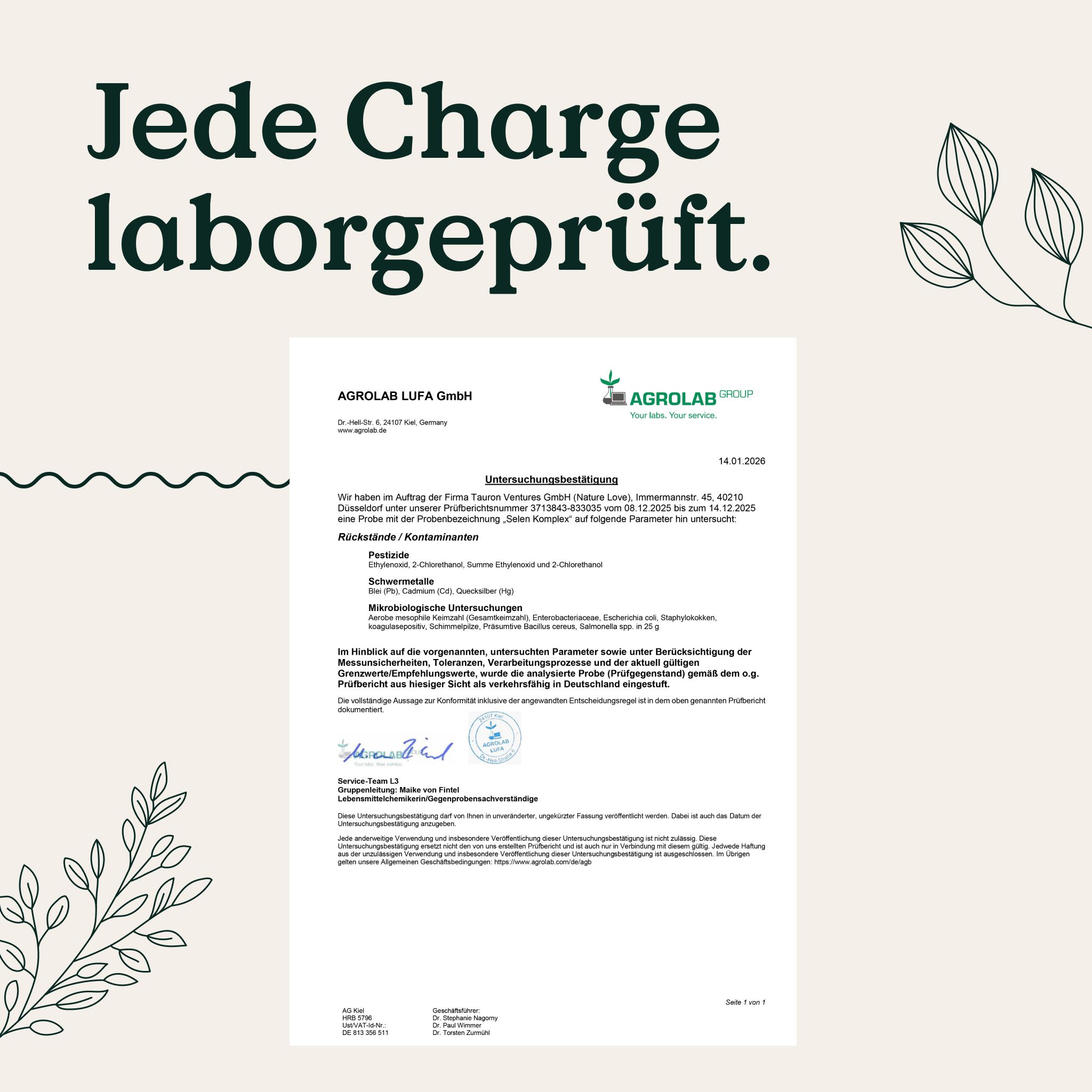 Laborbericht von Agrolab, Text: Jede Charge laborgeprüft.