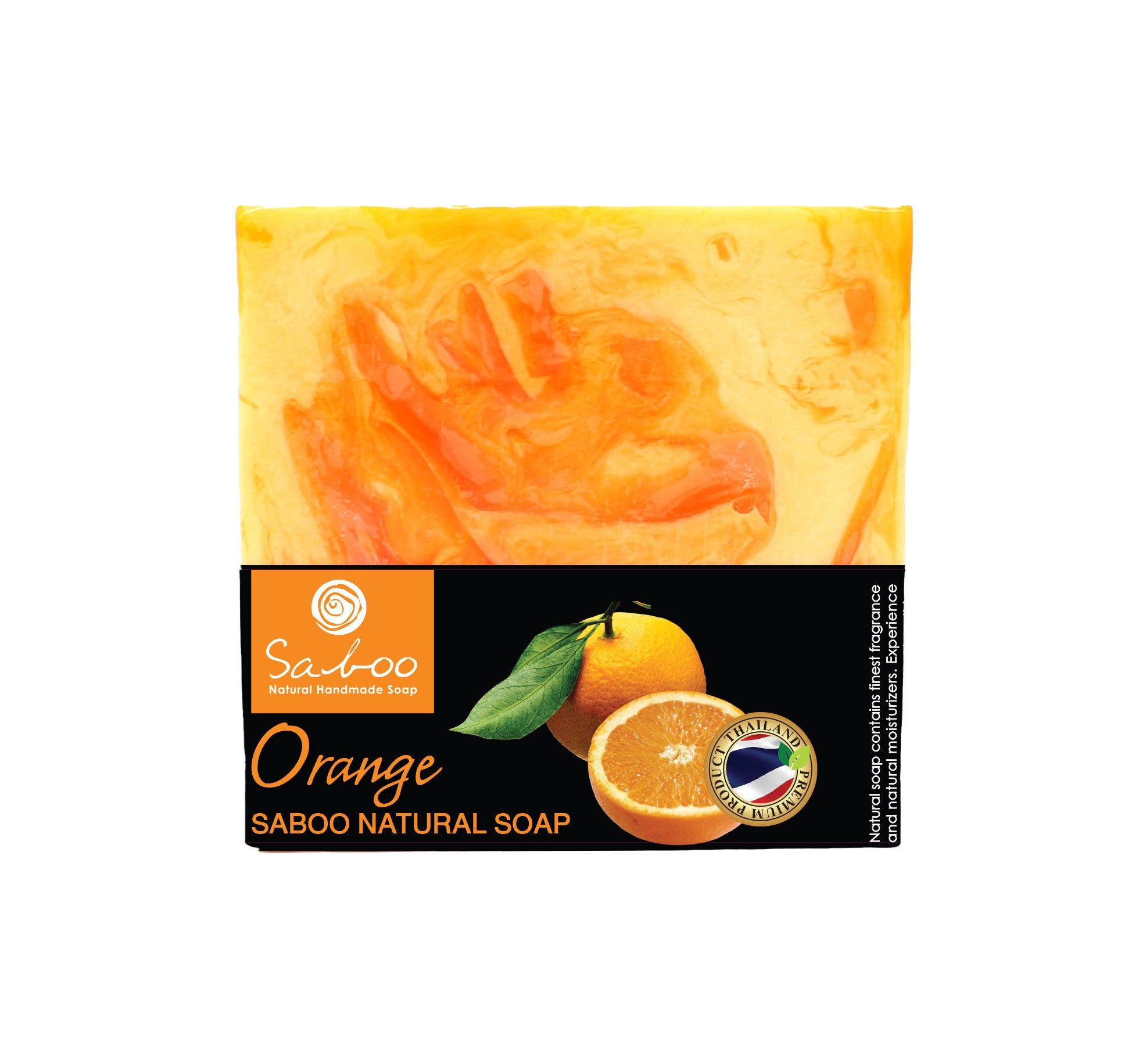 Orangefarbene Seife mit Saboo-Logo und Orange-Abbildung. Aufschrift: "Orange", "Saboo Natural Soap".