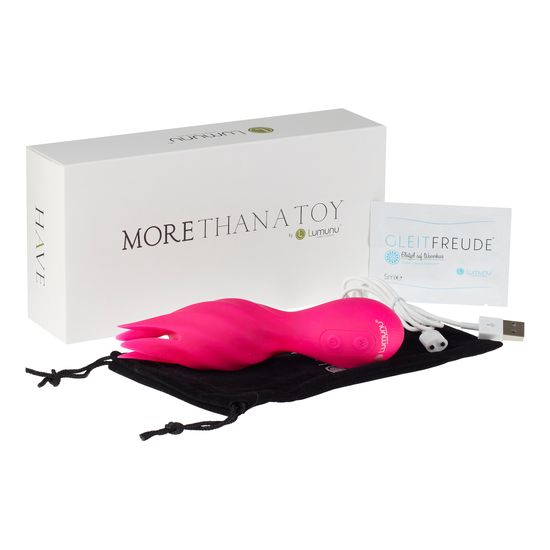 Pinkfarbener Stimulator, Verpackung, Gleitmittel, Ladekabel. Logo Lumunu.