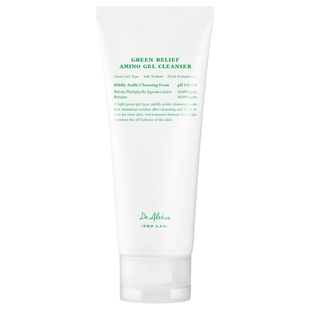 Vorderansicht einer weißen Tube Dr. Althea Green Relief Amino Gel Cleanser mit Produktinformationen.