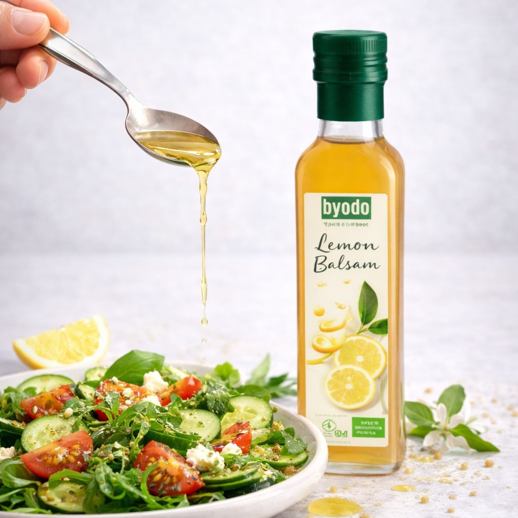 BYODO Zitronen Balsam wird über einen Salat geträufelt. Flasche und Salat mit Zitronen garniert.