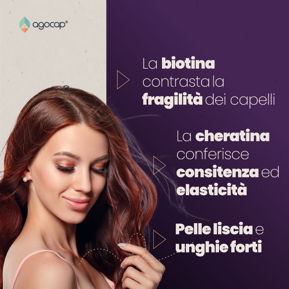 Donna con capelli lucenti. Testo: Biotina per fragilità, cheratina per consistenza, pelle liscia e unghie forti.