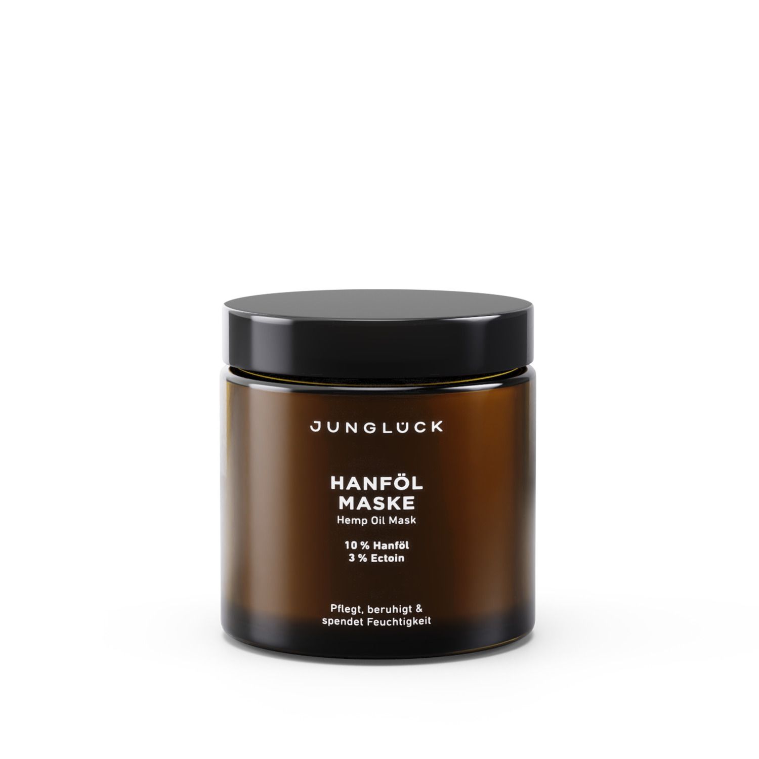 Braune Glasdose mit schwarzem Deckel. Aufschrift: JUNGLÜCK, Hanföl Maske, 10 % Hanföl, 3 % Ectoin. Text: Pflegt, beruhigt & spendet Feuchtigkeit.