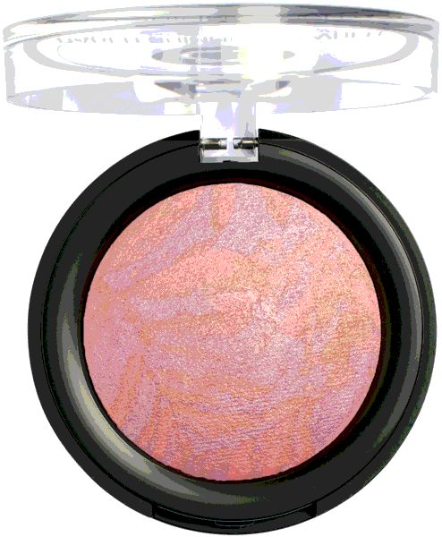 Runder, gebackener Shimmer-Puder-Blush. Schwarzer Behälter mit durchsichtigem Deckel. Rosa-goldene Farbe mit marmoriertem Muster.