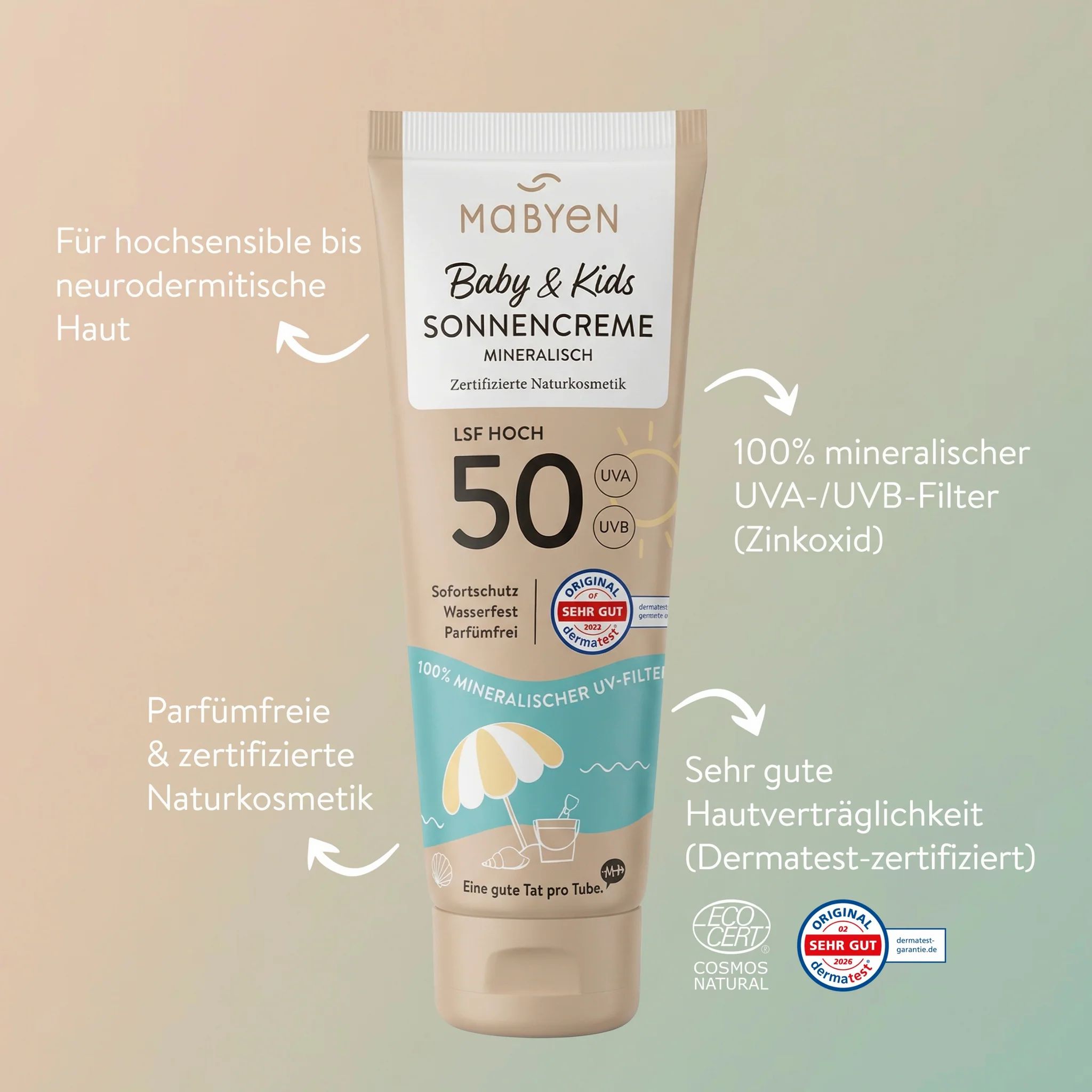 Beige Tube mit MABYEN Baby & Kids Sonnencreme LSF 50. Text: Mineralisch, 100% mineralischer UV-Filter, wasserfest, parfümfrei, dermatologisch getestet.