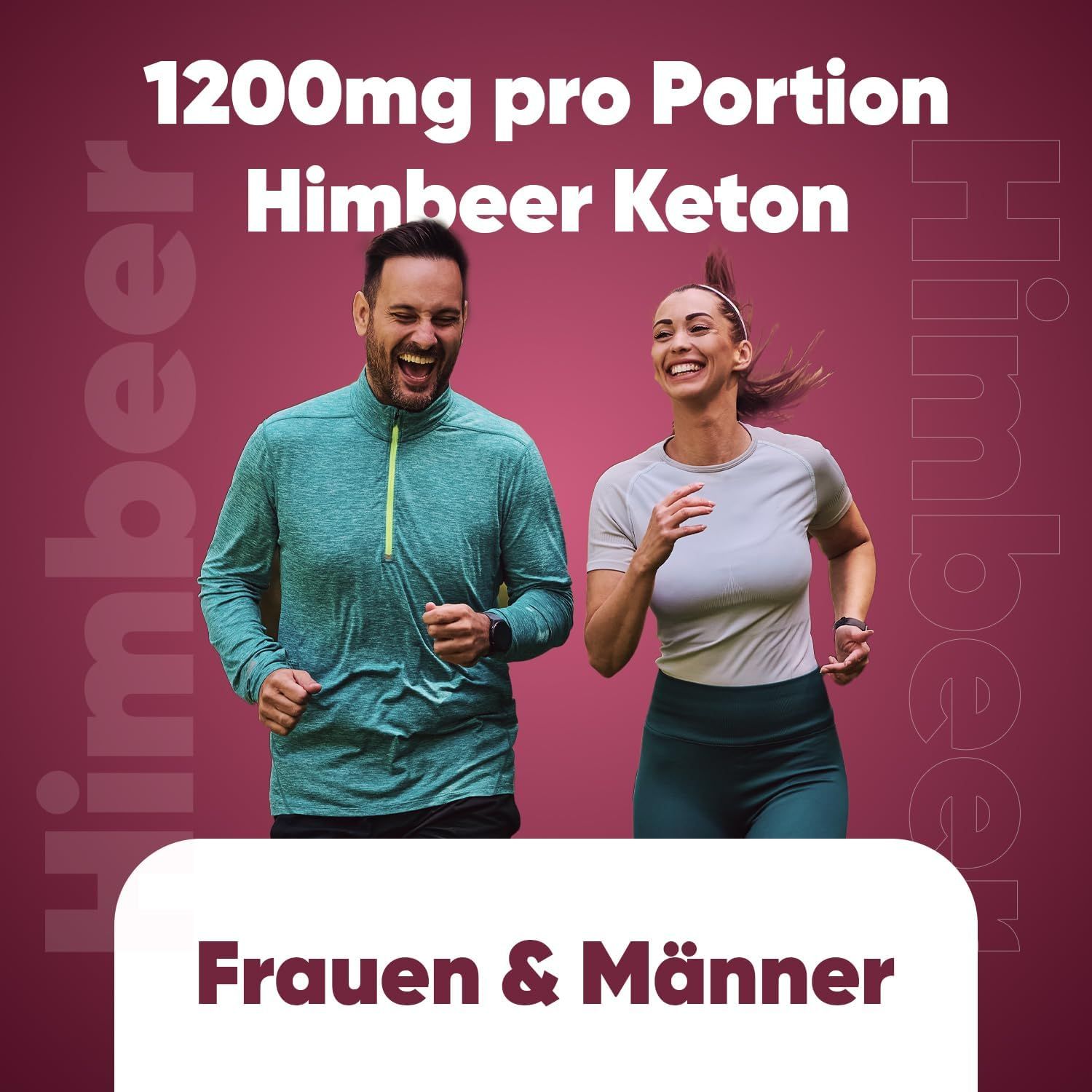 Zwei Personen laufen. Text: 1200mg pro Portion Himbeer Keton. Frauen & Männer. Hintergrund: rot.