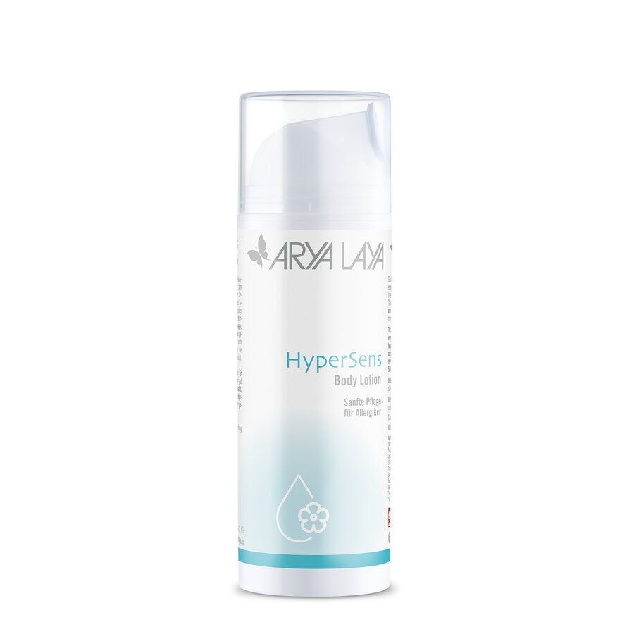 Weiße Flasche mit Pumpspender, Arya Laya Hypersens Body Lotion.