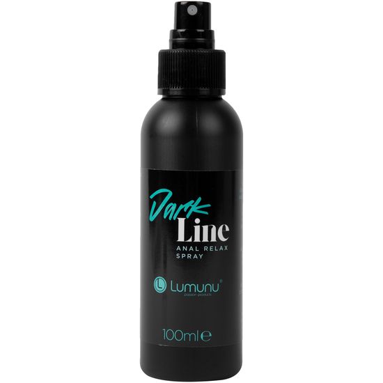 Schwarze Flasche mit Sprühkopf. Aufschrift "Dark Line Anal Relax Spray" und "Lumunu". 100ml.