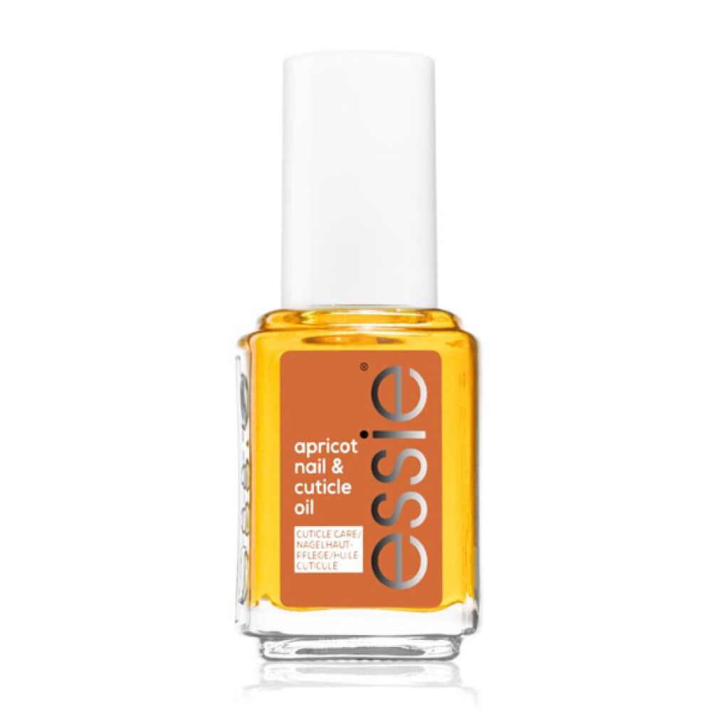 Glasflasche mit gelbem Inhalt und weißem Deckel. Aufkleber mit Text: apricot nail & cuticle oil, essie.