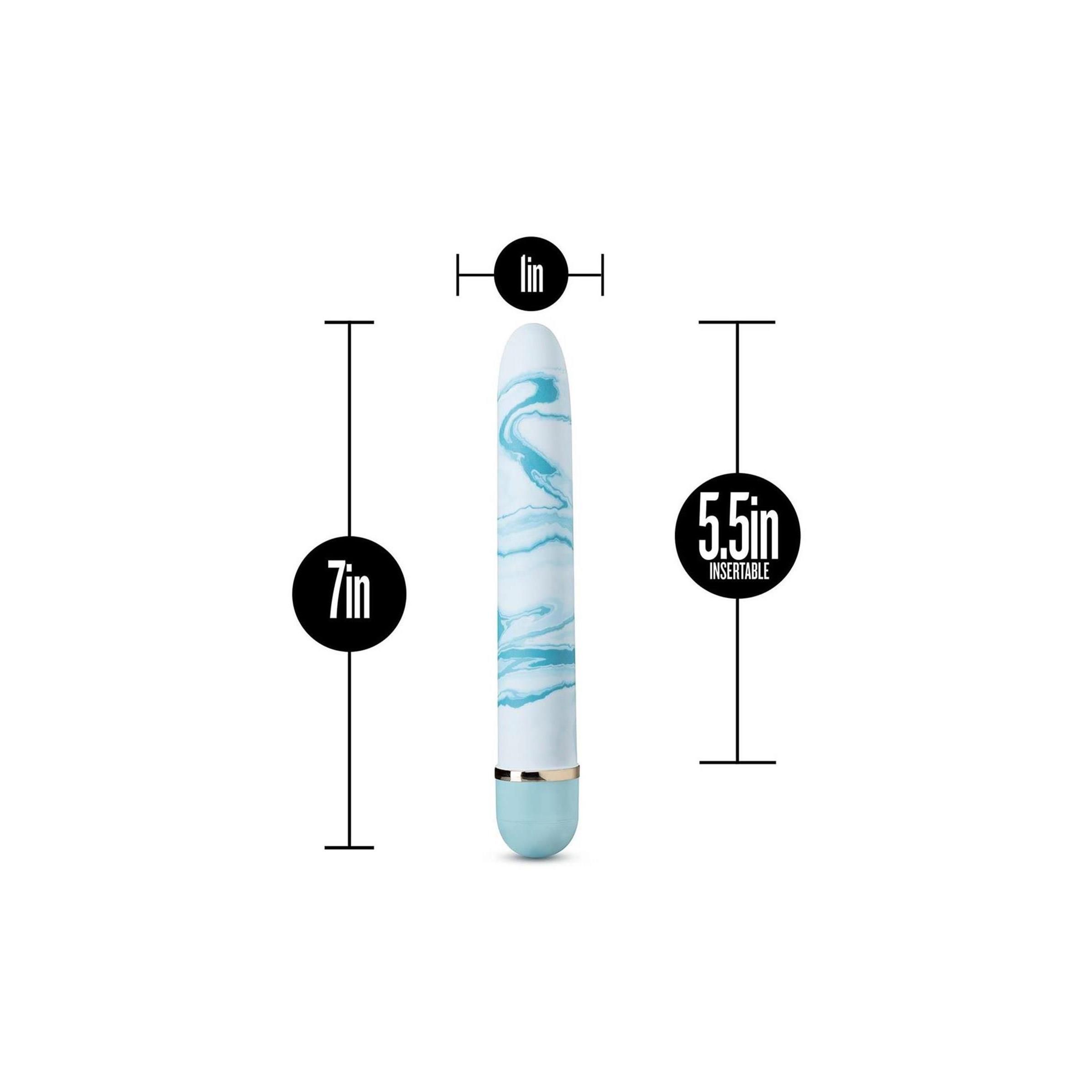 Wellness-Produkt mit blau-weißem Marmormuster. Maße: 7 Zoll hoch, 5,5 Zoll einführbar. Durchmesser: 1 Zoll.