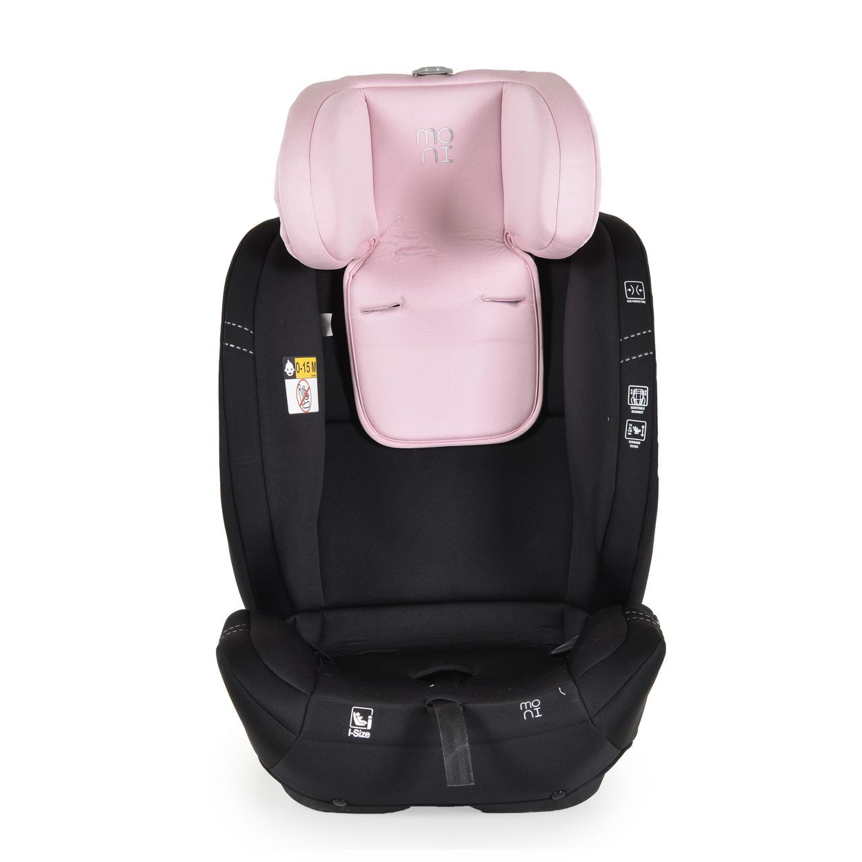Kindersitz, schwarz mit rosa Polsterung, mit Plüschtier und Decke