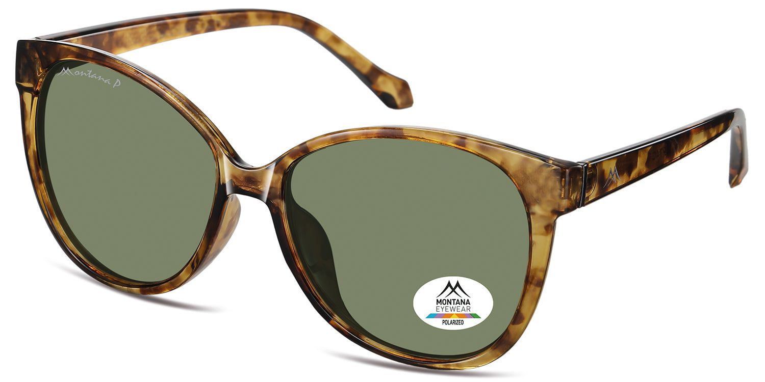 Sonnenbrille mit braunem Rahmen und grünen Gläsern. Auf einem Glas ist ein Aufkleber mit dem Logo von Montana Eyewear und der Aufschrift 'Polarized' zu sehen.