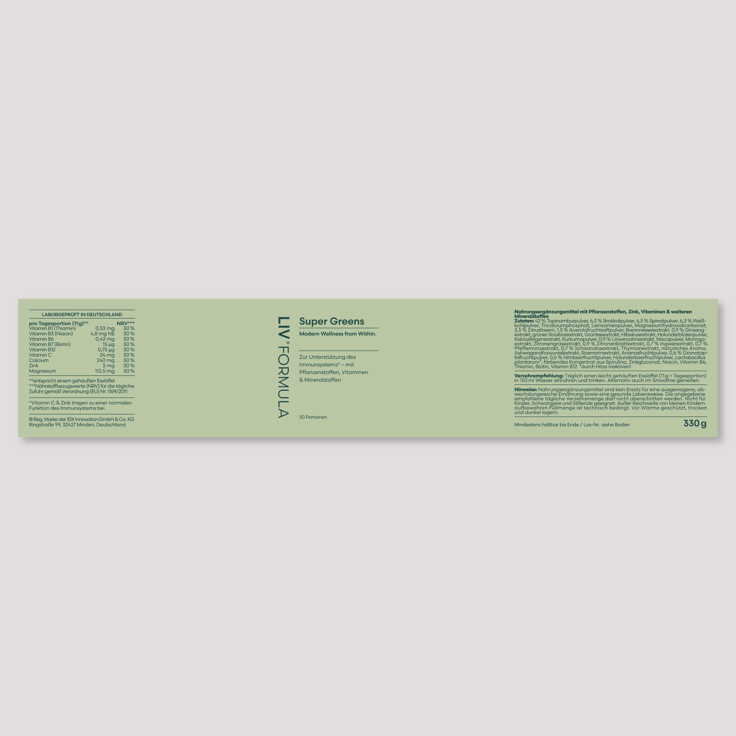 Lange grüne Verpackung mit Text. Text: LIV Formula, Super Greens. Nährwertangaben und Inhaltsstoffe.