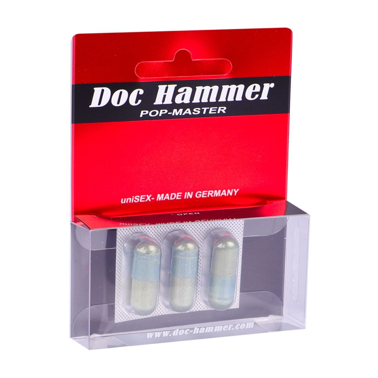 Transparente Verpackung mit drei Kapseln. "Doc Hammer POP-MASTER" Schriftzug auf roter Karte. Website-Adresse.