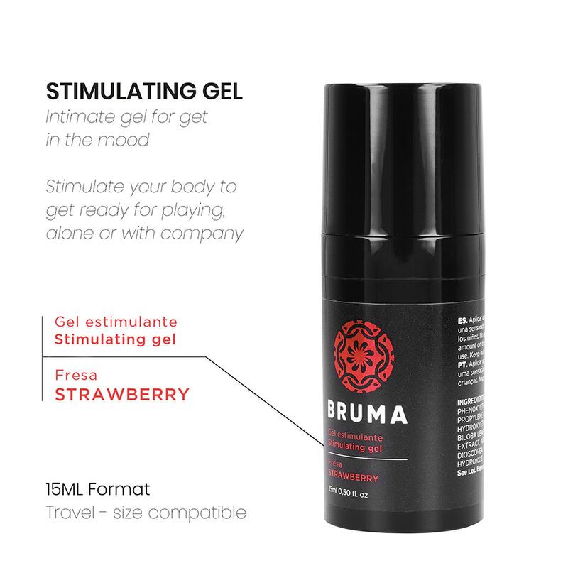 Schwarze Flasche mit Bruma Stimulating Gel, Erdbeergeschmack, 15ml.