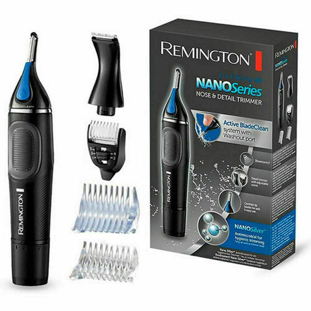 Produktverpackung mit Nasen- und Ohrenhaartrimmer, Zubehör und Text. Das Produkt ist von Remington, Nano Series.