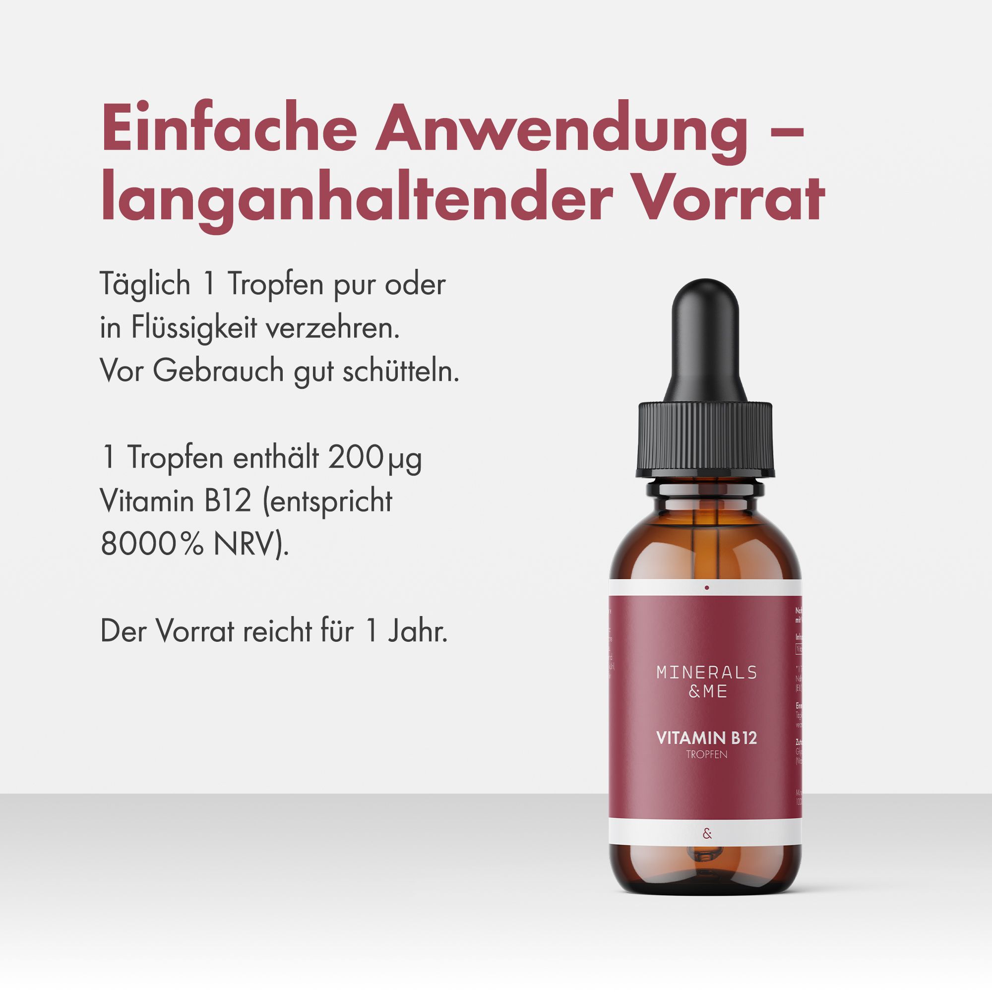 Braune Glasflasche mit Tropfer. Aufschrift: MINERALS & ME Vitamin B12. Der Vorrat reicht für 1 Jahr.
