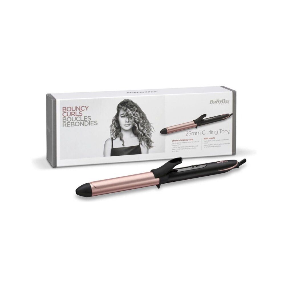 Produktverpackung mit Lockenstab und Abbildung einer Frau mit Locken. Text: BaByliss, 25mm Curling Tong.