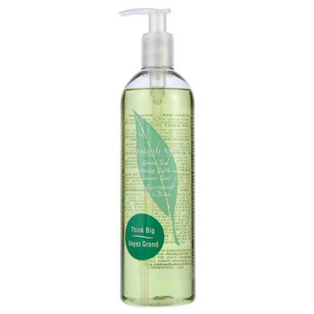 Transparente Flasche mit grünem Duschgel. Weißer Pumpkopf. Grünes Blatt-Logo und Text: Elizabeth Arden, Green Tea.