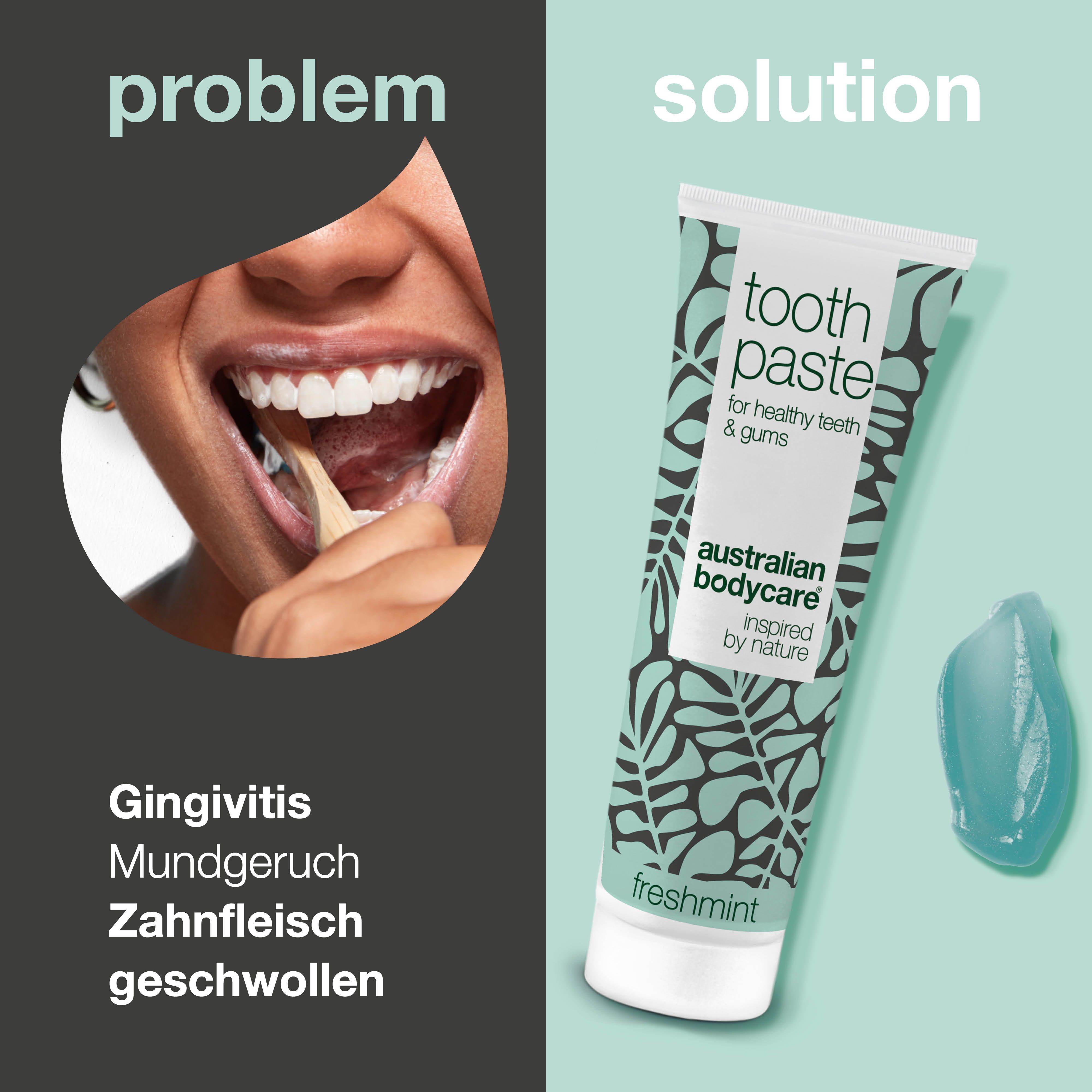 Zahnpasta-Tube und Zahnpasta-Klecks neben Mund. Aufschrift: Toothpaste, Australian Bodycare, Freshmint.
