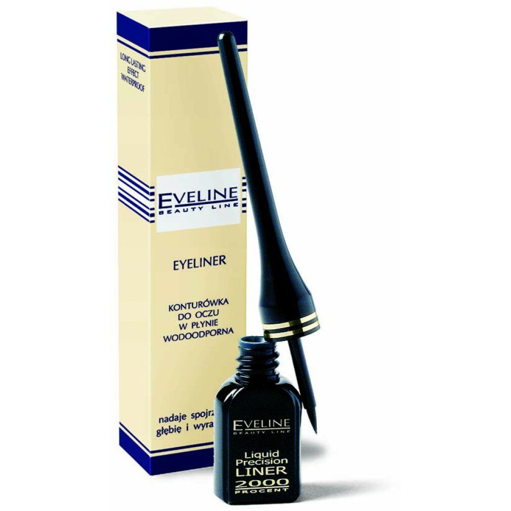 Eyeliner-Flakon mit Verpackung. Schwarzer Flakon mit spitzer Spitze. Aufschrift: Eveline Cosmetics Liquid Precision Eyeliner.