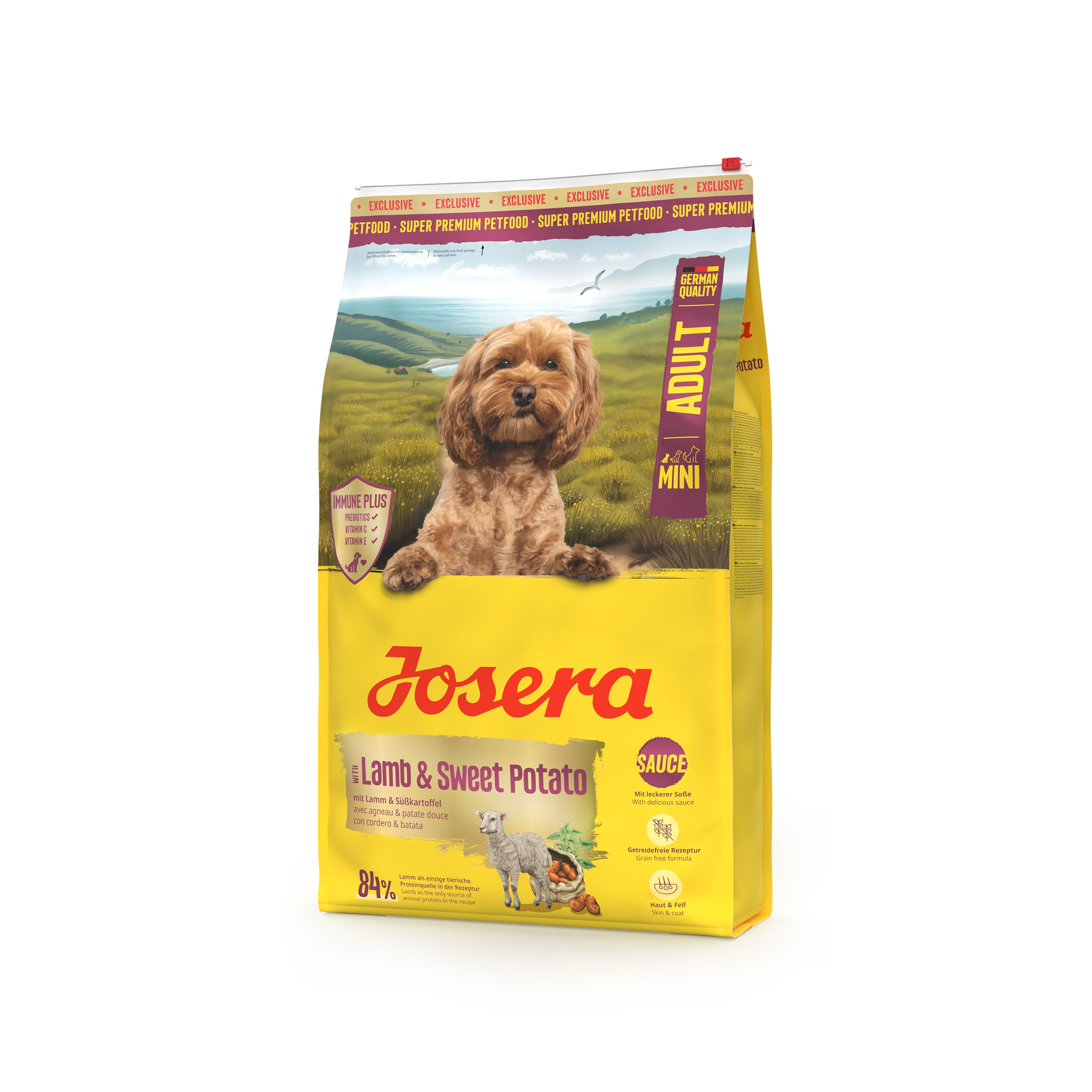 Gelber Beutel mit Produktnamen JOSERA Mini Adult Lamb & Sweet Potato. Abbildung eines Hundes, Qualitätszeichen.