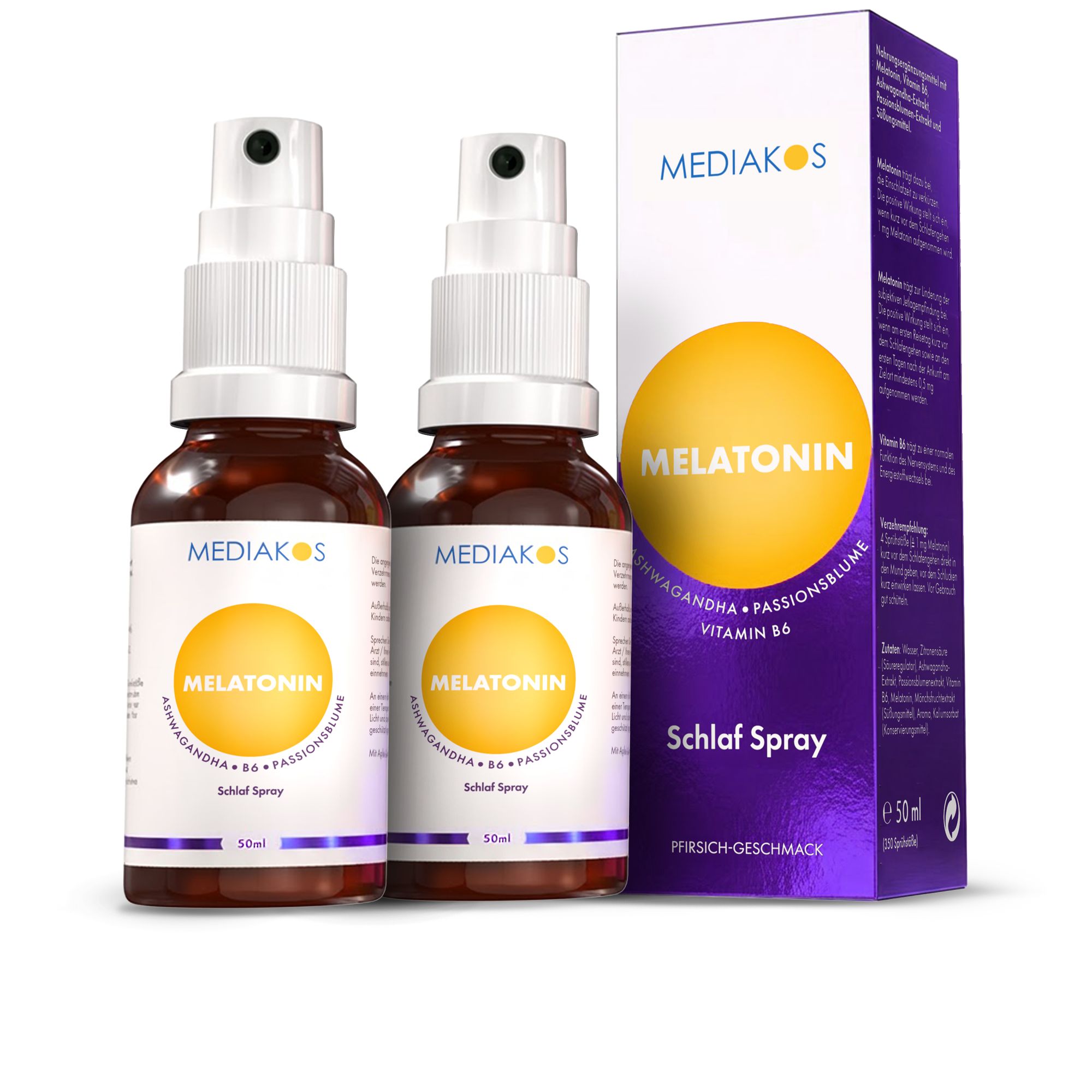 Zwei 50 ml Sprühflaschen und eine Schachtel Medikos Melatonin Schlaf Spray mit Pfirsichgeschmack.