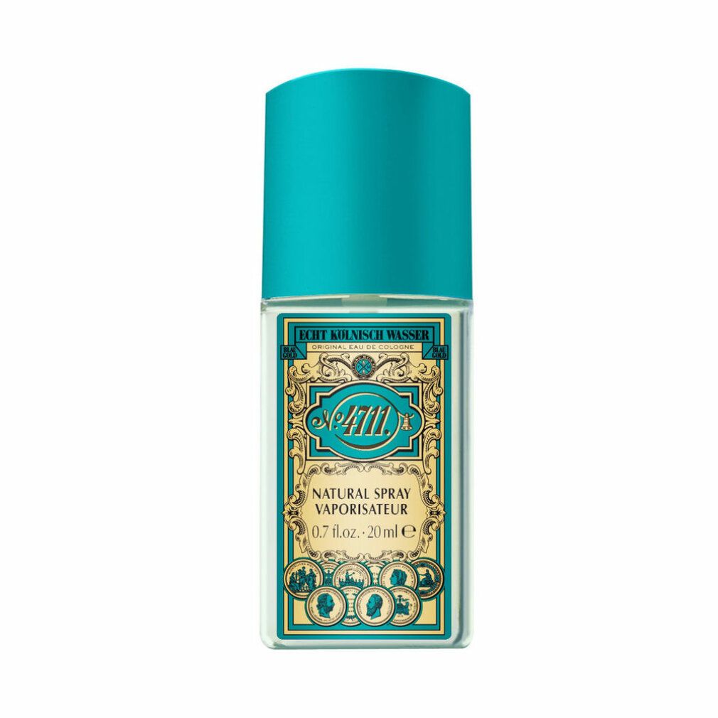 Klarer Flakon mit türkisfarbenem Deckel. Aufschrift: Echt Kölnisch Wasser, No. 4711, Natural Spray Vaporisateur, 20ml.