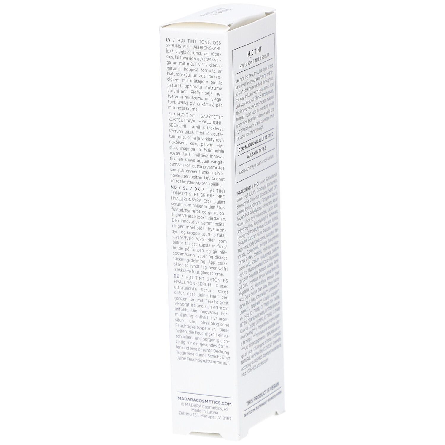 Weiße Verpackung mit Text. Rückseite mit Produktinformationen in verschiedenen Sprachen. Unten: 30ml 1FL OZ. Mit Zertifizierungen.