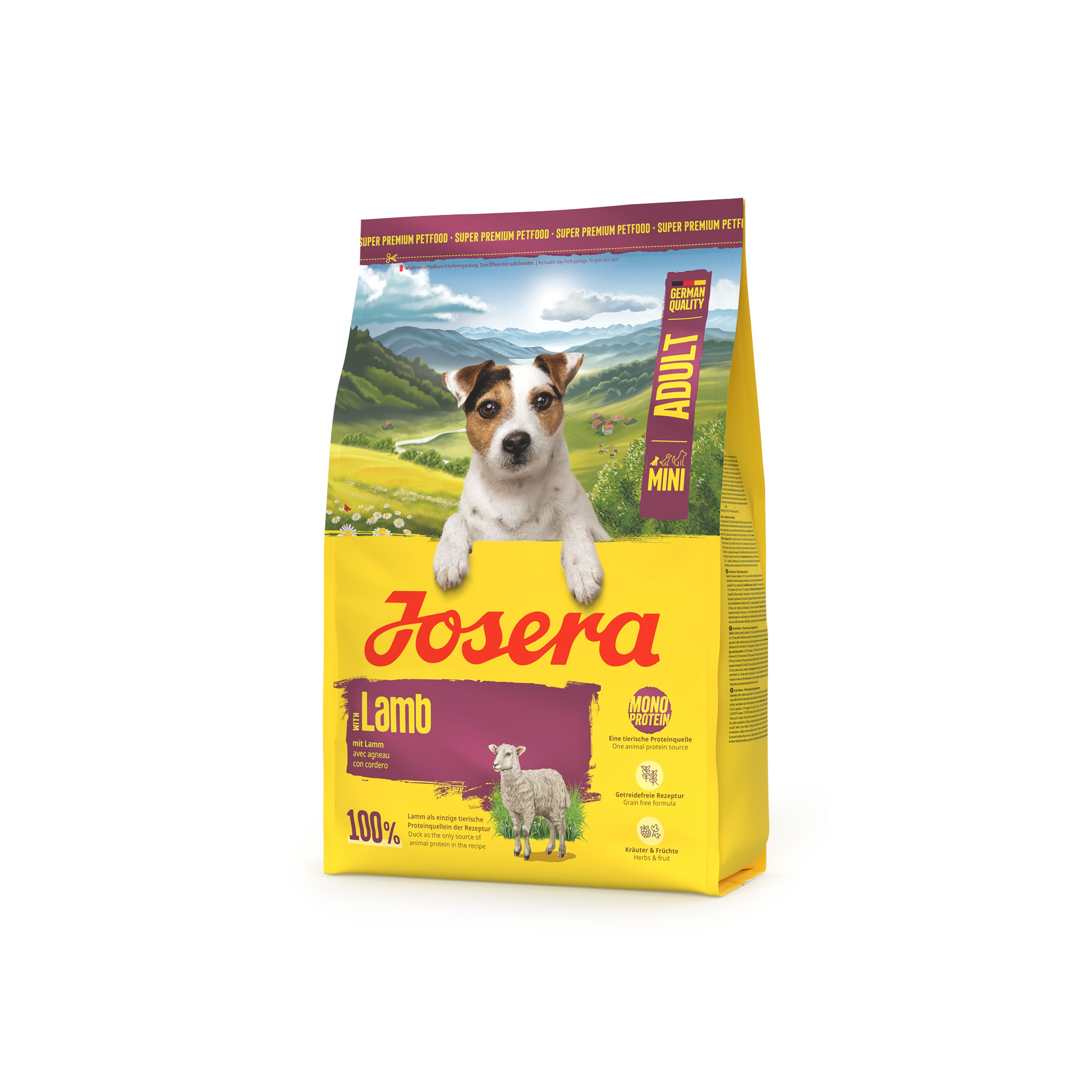 Gelbe Verpackung mit "JOSERA Lamb Mini Adult". Abbildung eines Welpen und Schafes. Text: "Super Premium Petfood".