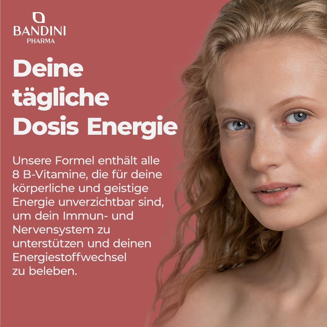 Nahaufnahme einer Frau mit blonden Haaren. Text: Deine tägliche Dosis Energie. Informationen über Vitamin B-Komplex.