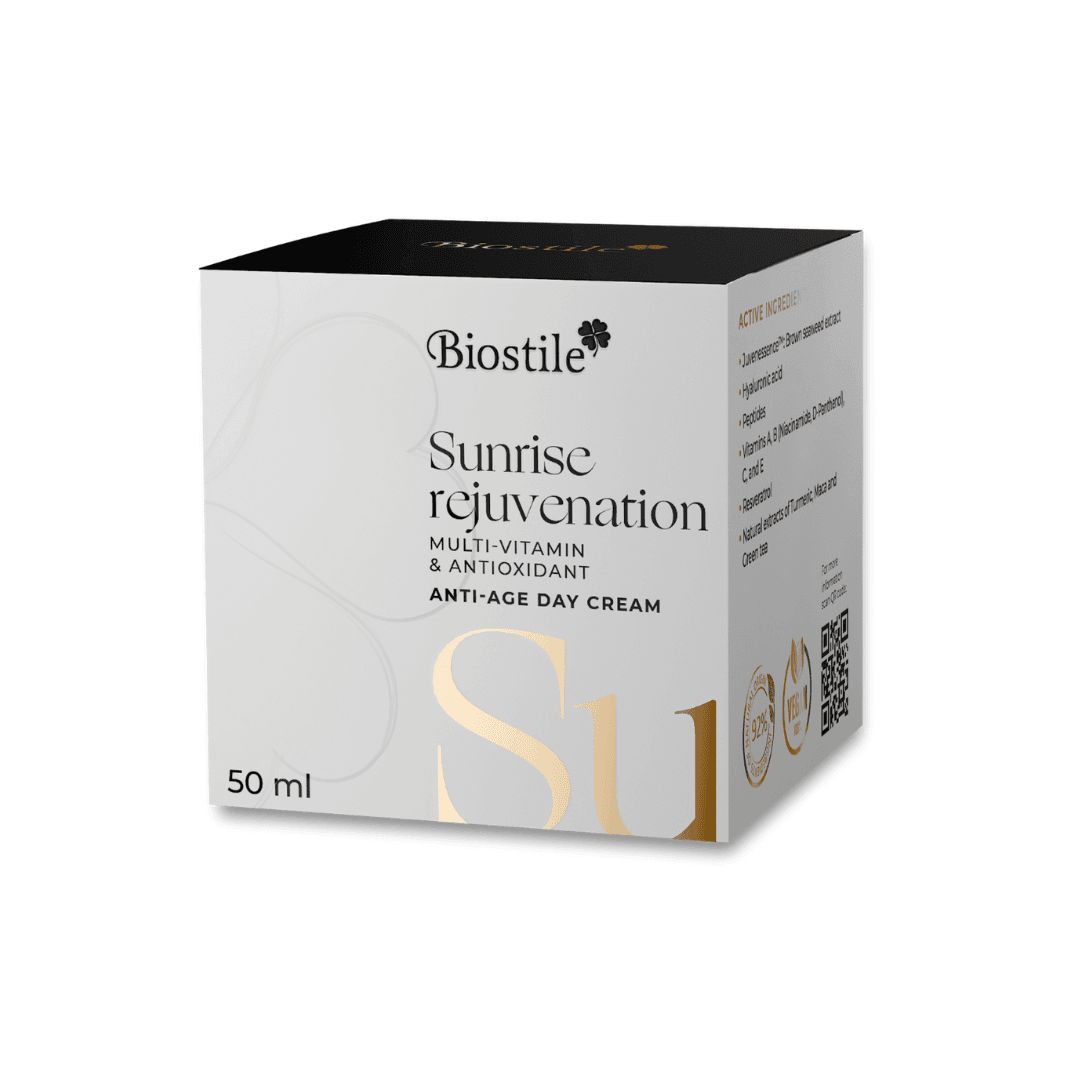 Weiße Verpackung mit Aufschrift: Biostile Sunrise Rejuvenation Anti-Age Day Cream. 50 ml.