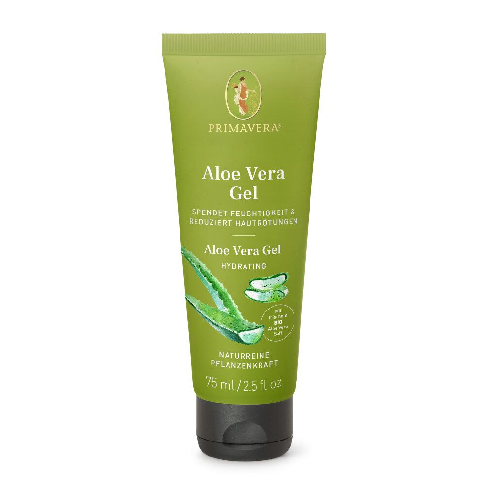 Grüne Tube mit Aloe Vera Gel. Aufschrift Primavera, Aloe Vera Gel, spendet Feuchtigkeit, reduziert Hautrötungen. 75 ml.