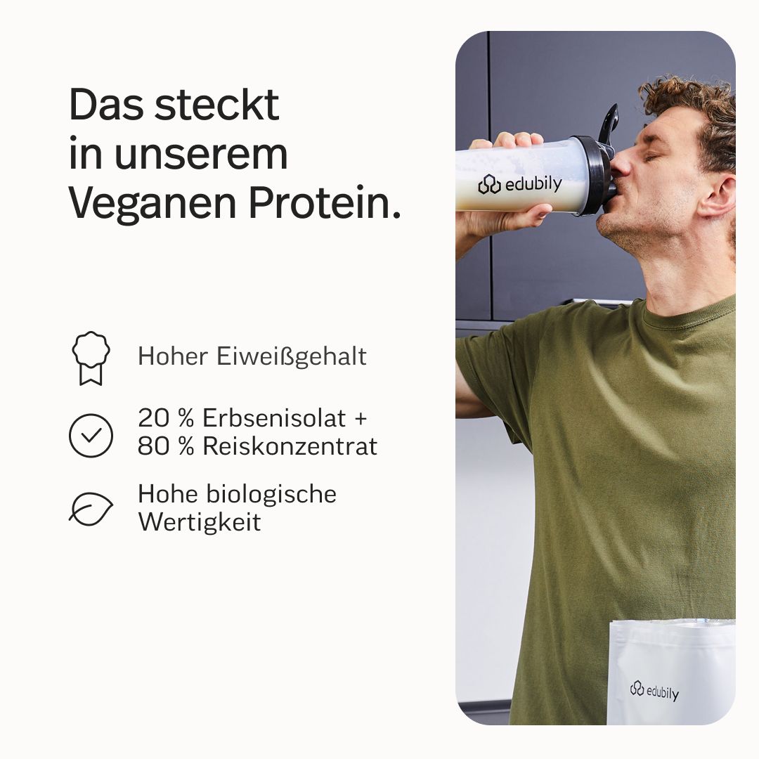 Mann trinkt Proteinshake. Hoher Eiweißgehalt. 20% Erbsenisolat + 80% Reiskonzentrat. Hohe biologische Wertigkeit.