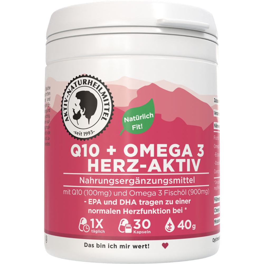 Weißes, zylindrisches Behältnis mit rotem Etikett. Aufschrift: Q10 + Omega 3 Herz-Aktiv. Enthält 30 Kapseln. Marke: Aktiv Naturheilmittel.