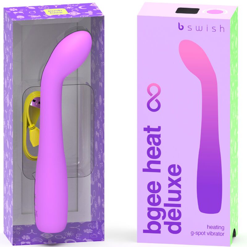 Lila Heizvibrator in Verpackung. Sichtbar: Produkt, Ladekabel. Verpackung mit Produktnamen und Logo.
