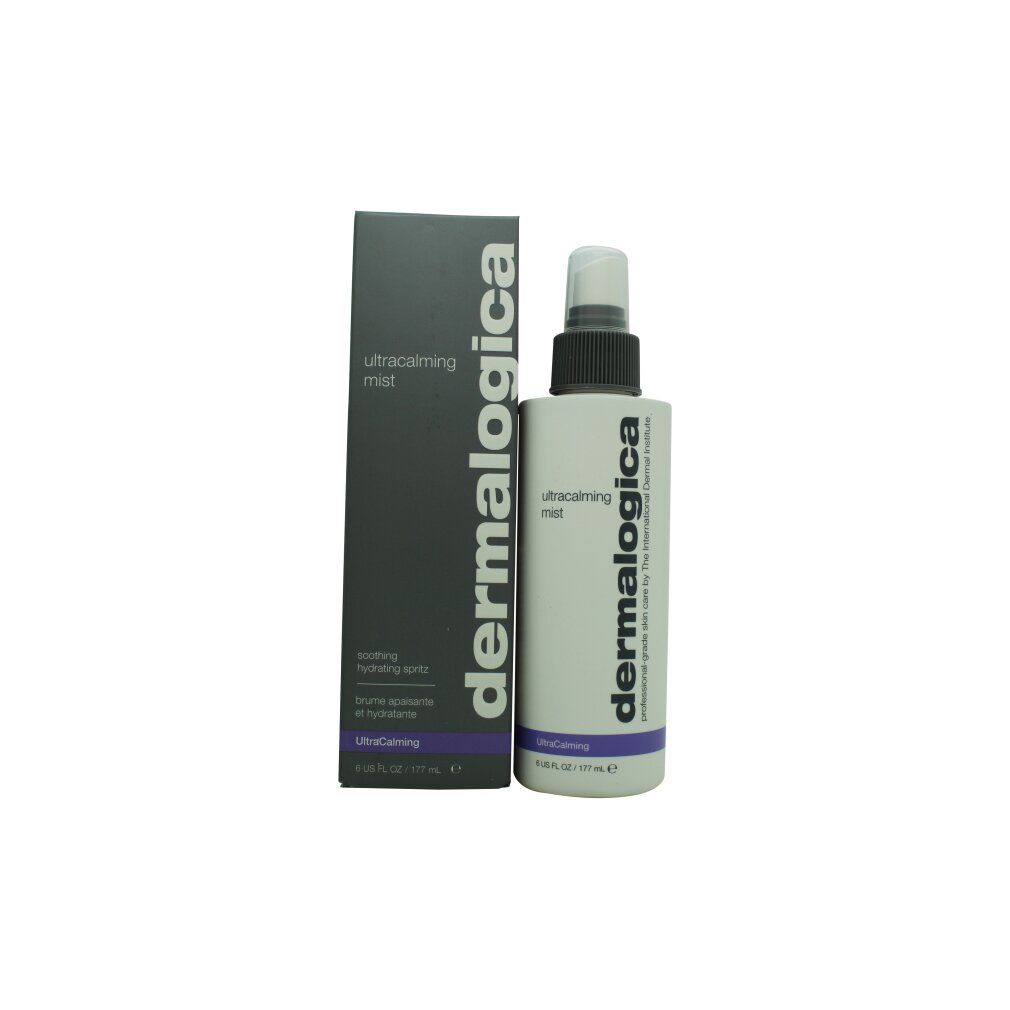 Produktflasche und Schachtel. Aufschrift: UltraCalming Mist, dermalogica. Graue Schachtel.