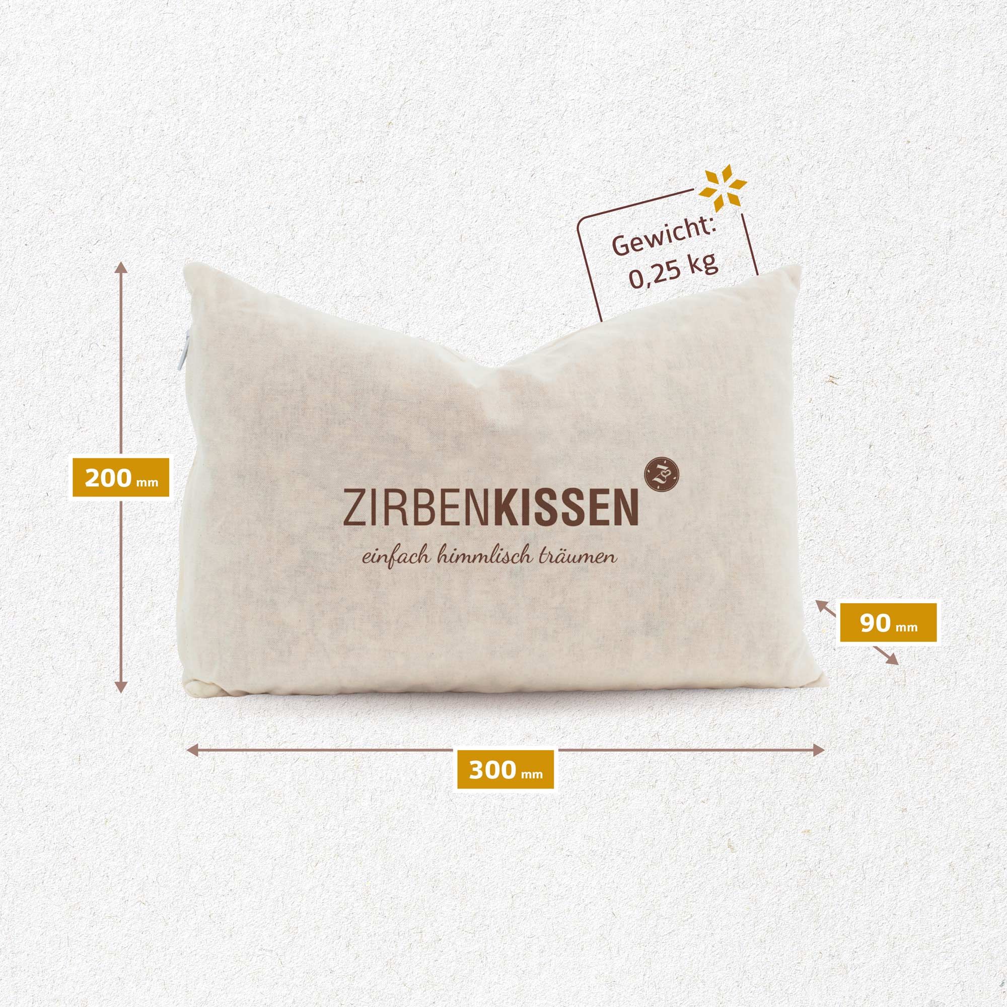 ZirbenKissen, rechteckig, mit Maßangaben. Abmessungen: 300x200x90 mm. Gewicht: 0,25 kg. Text: ZirbenKissen einfach himmlisch träumen.
