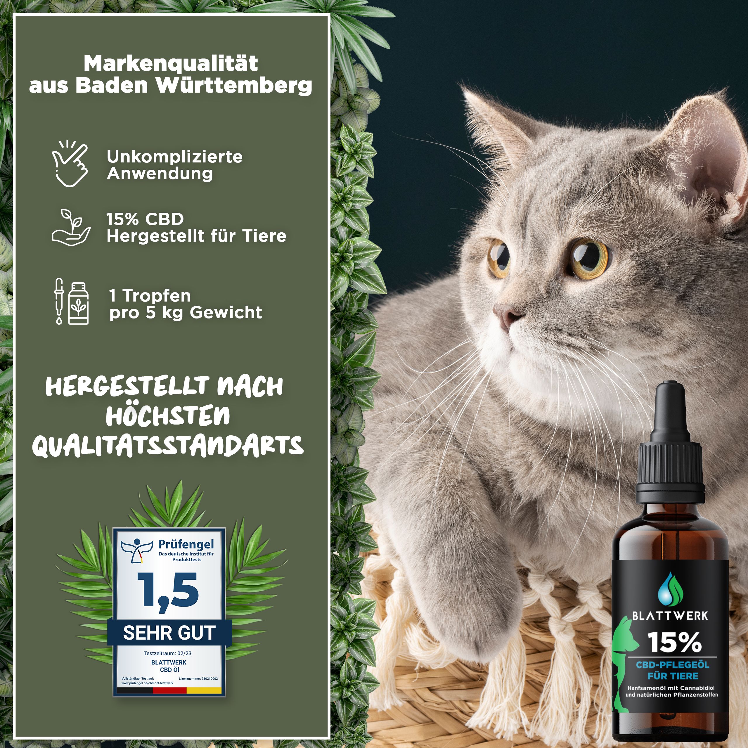 15% CBD Öl für Hunde & Katzen - Deutsche Qualität - CBD Öl Hund - 10ml - 250 CBD Tropfen - BLATTWERK