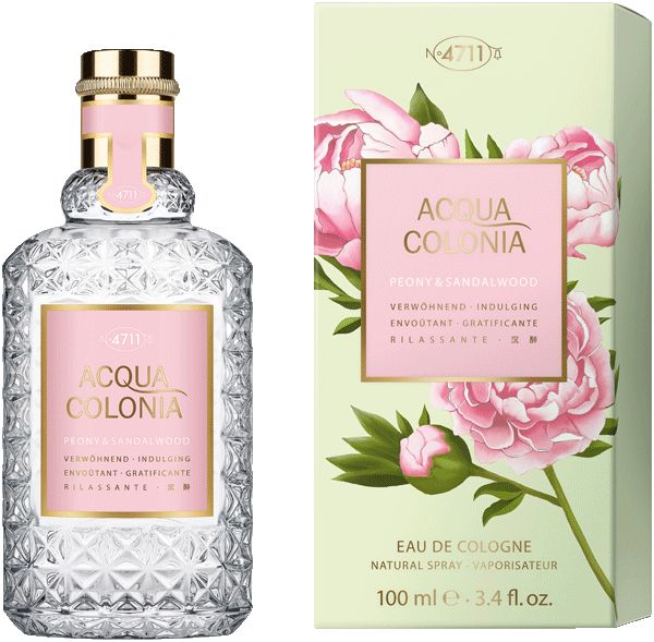 Flakon und Verpackung von Acqua Colonia. Flakon mit rosa Etikett, goldener Verschluss. Verpackung mit Blütenmotiv.